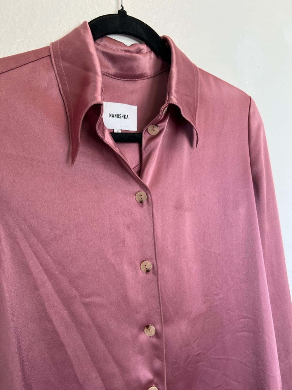 Nanushka Satin Button-Down Long Sleeve Blouse Top Rose Mauve FLAWED - Picture 3 of 7